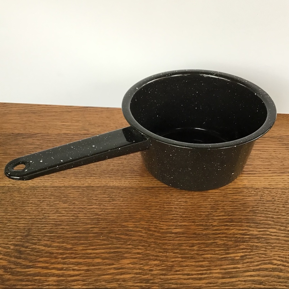 Vintage Enamelware Saucepan Black Speckled Cooking Camping Pan
